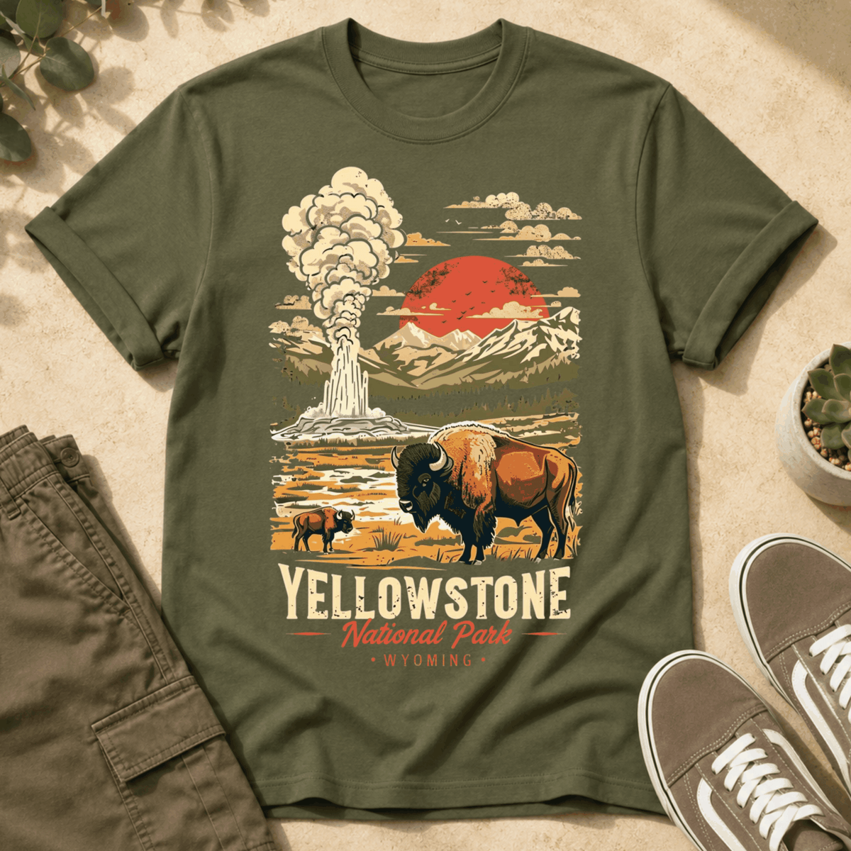 Yellowstone National Park Vintage Tee — Geyser, Buffalo & Sunset Graphic T-Shirt