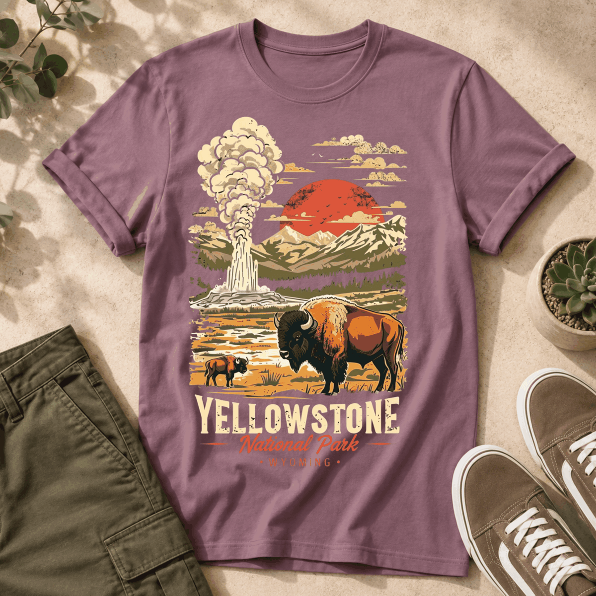 Yellowstone National Park Vintage Tee — Geyser, Buffalo & Sunset Graphic T-Shirt