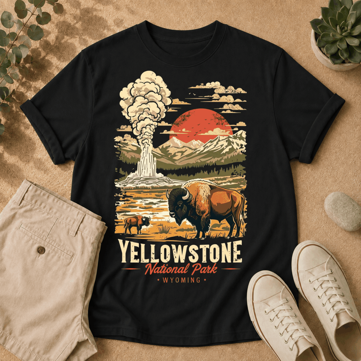 Yellowstone National Park Vintage Tee — Geyser, Buffalo & Sunset Graphic T-Shirt