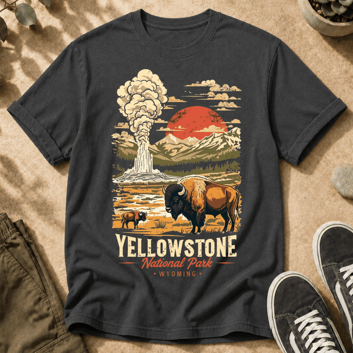 Yellowstone National Park Vintage Tee — Geyser, Buffalo & Sunset Graphic T-Shirt