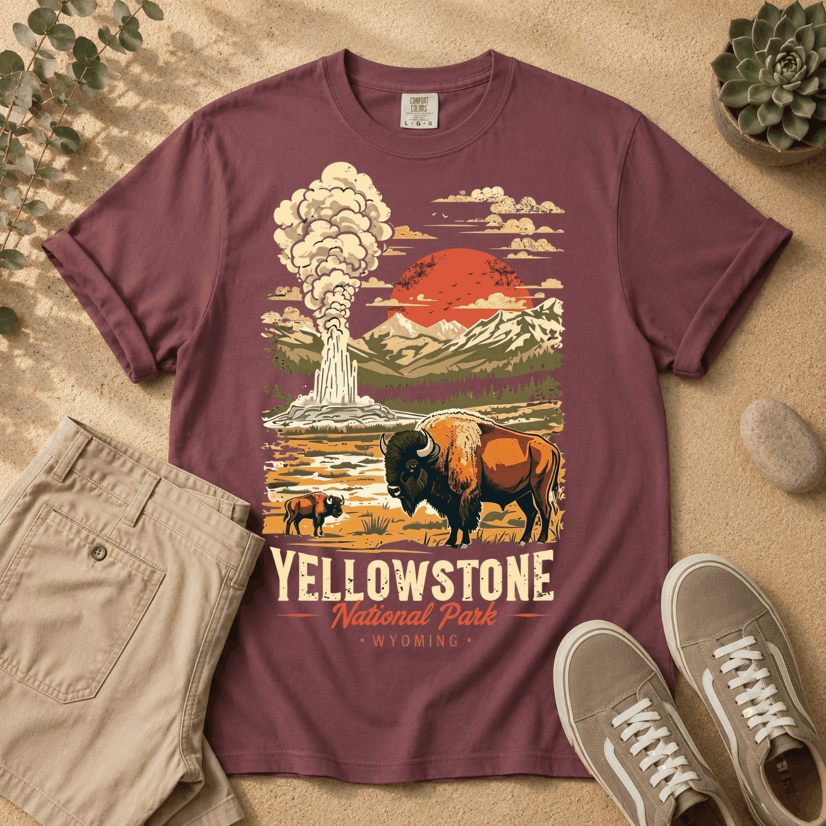 Yellowstone National Park Vintage Tee — Geyser, Buffalo & Sunset Graphic T-Shirt