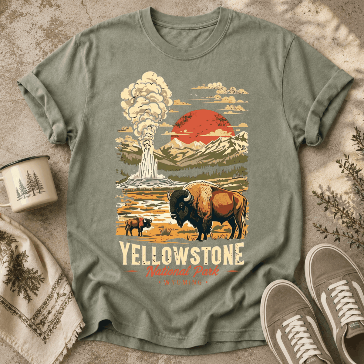 Yellowstone National Park Vintage Tee — Geyser, Buffalo & Sunset Graphic T-Shirt