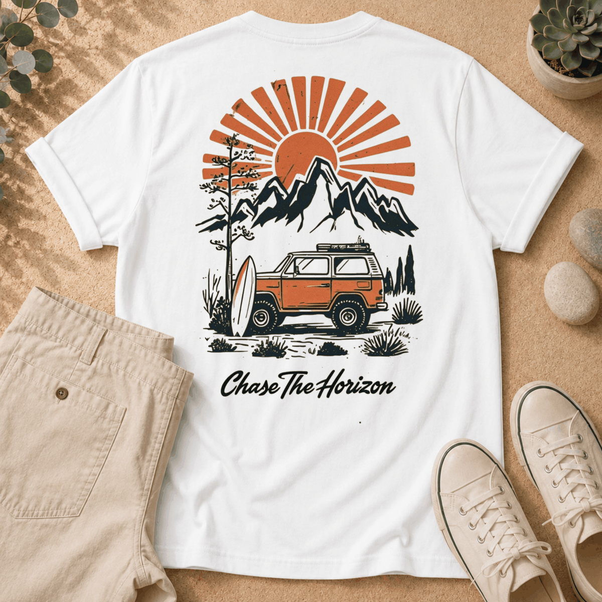 Chase The Horizon Surf Van T-Shirt — Retro Mountain & Sunset Adventure Tee