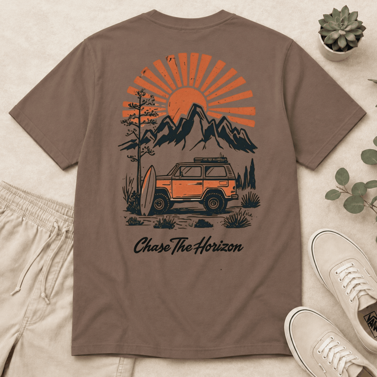 Chase The Horizon Surf Van T-Shirt — Retro Mountain & Sunset Adventure Tee