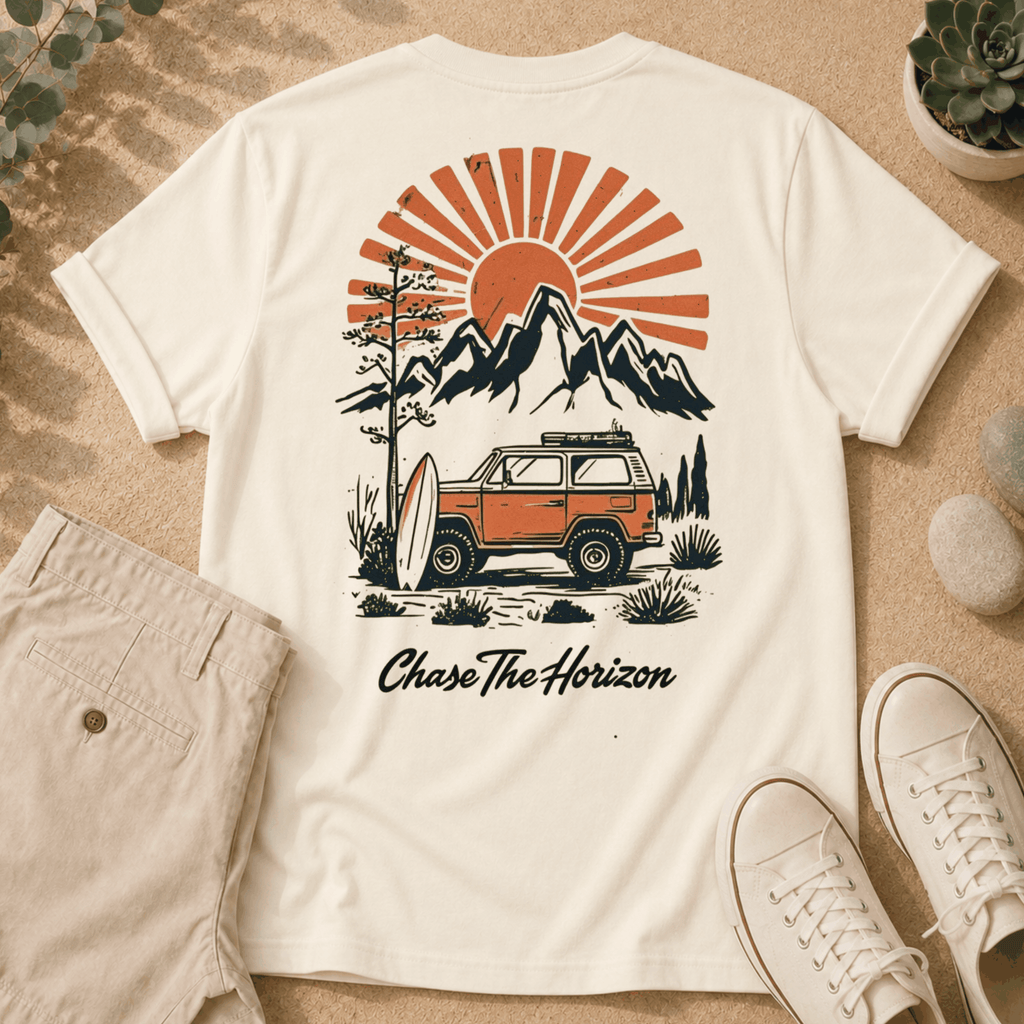 Chase The Horizon Surf Van T-Shirt — Retro Mountain & Sunset Adventure Tee