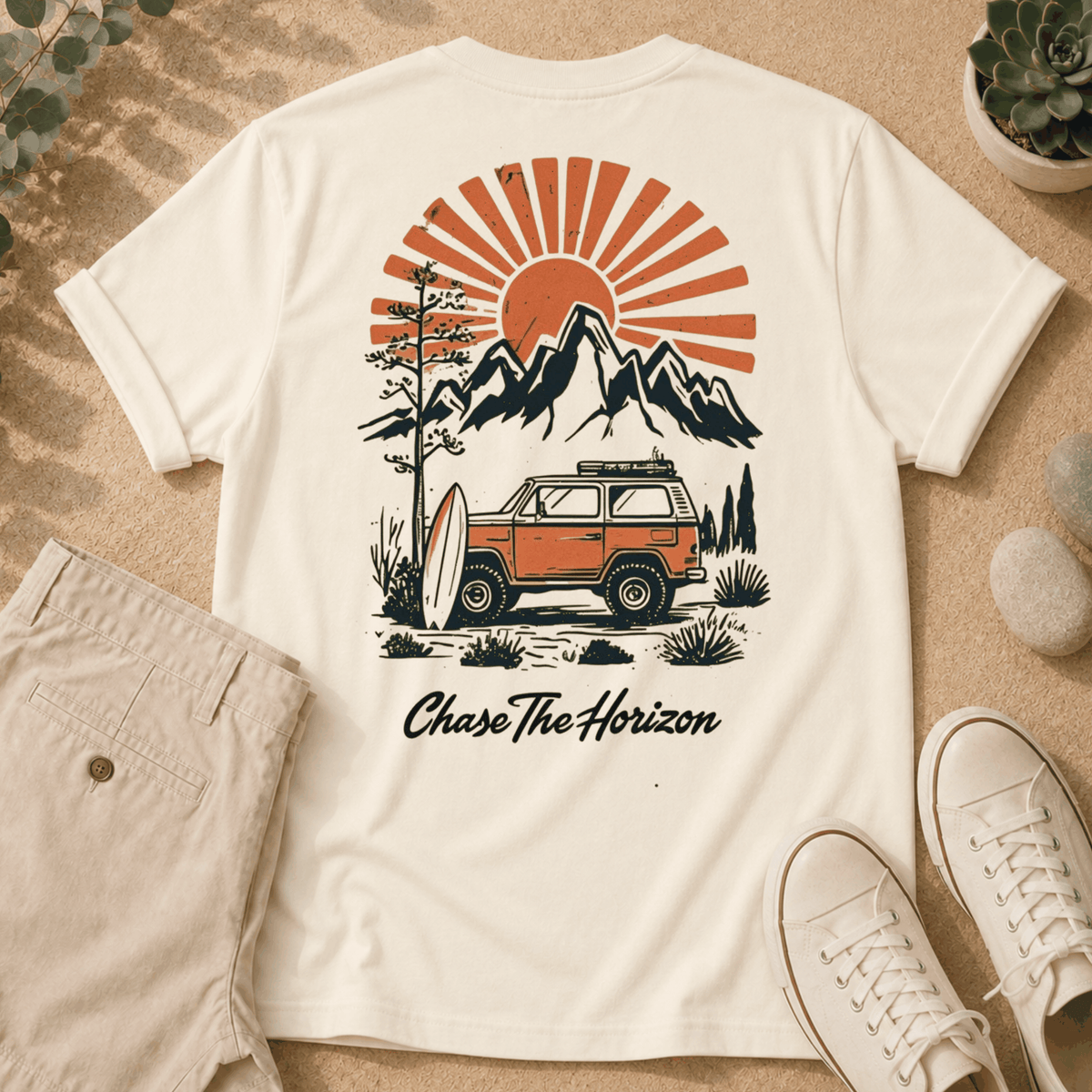 Chase The Horizon Surf Van T-Shirt — Retro Mountain & Sunset Adventure Tee