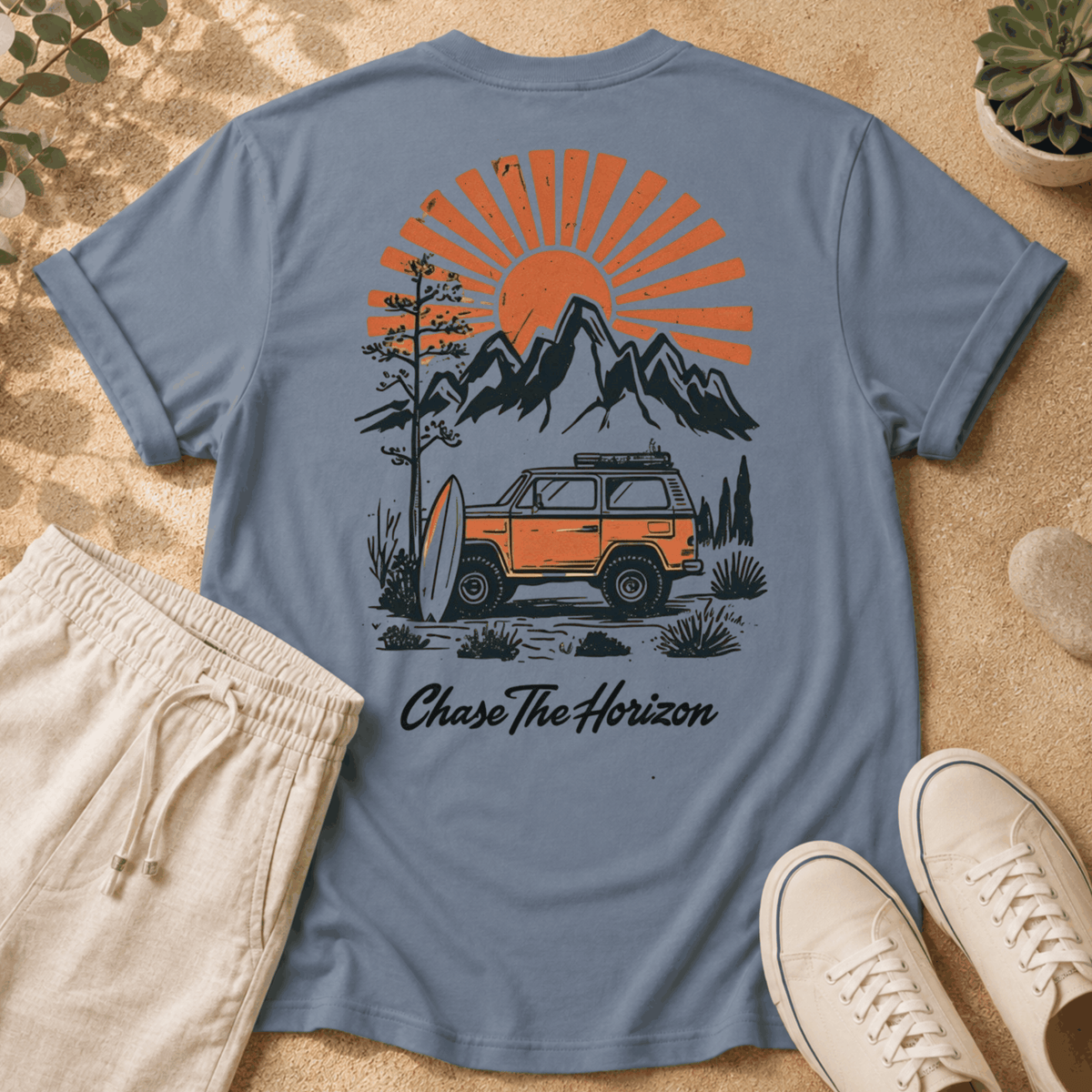 Chase The Horizon Surf Van T-Shirt — Retro Mountain & Sunset Adventure Tee