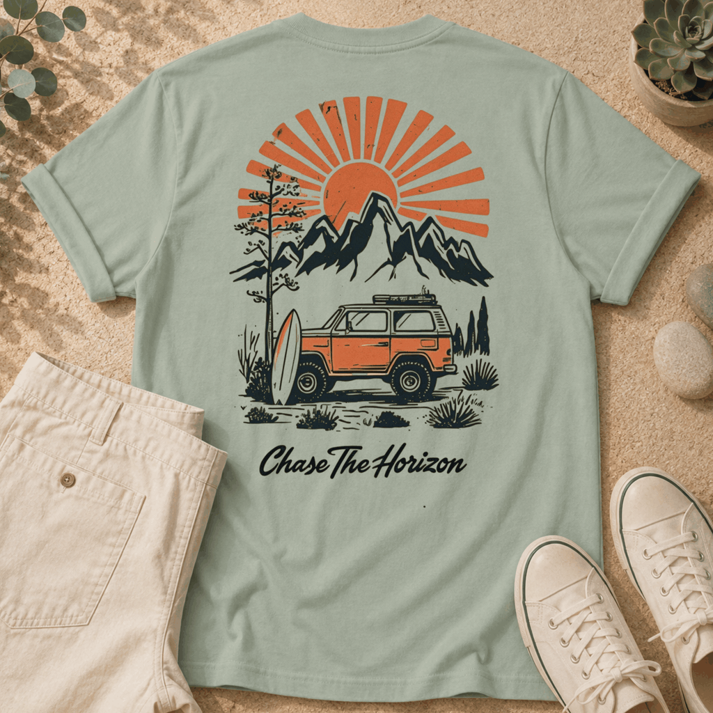 Chase The Horizon Surf Van T-Shirt — Retro Mountain & Sunset Adventure Tee