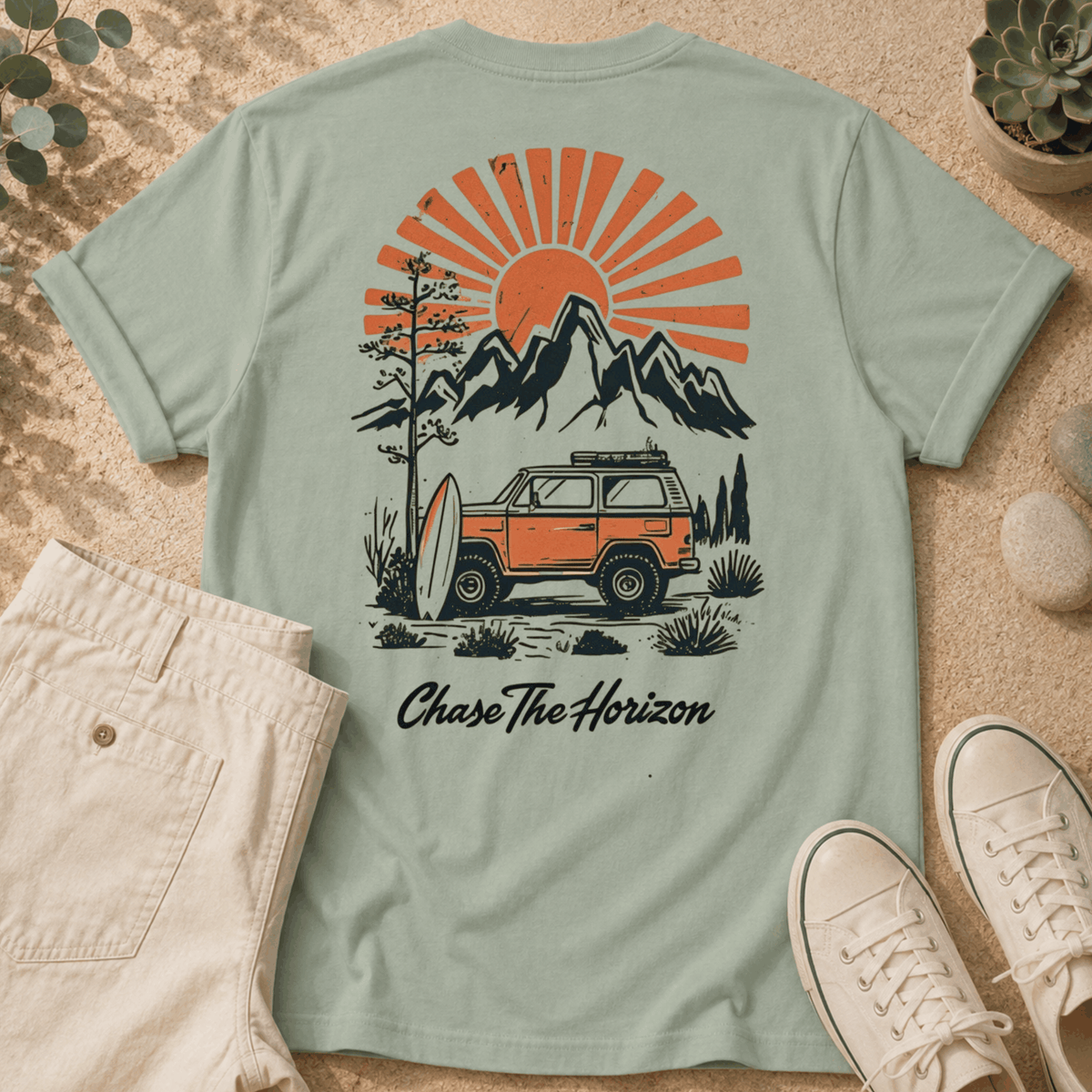 Chase The Horizon Surf Van T-Shirt — Retro Mountain & Sunset Adventure Tee