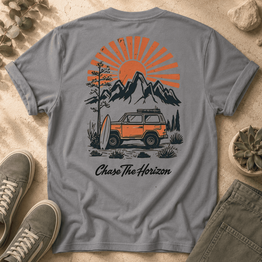 Chase The Horizon Surf Van T-Shirt — Retro Mountain & Sunset Adventure Tee