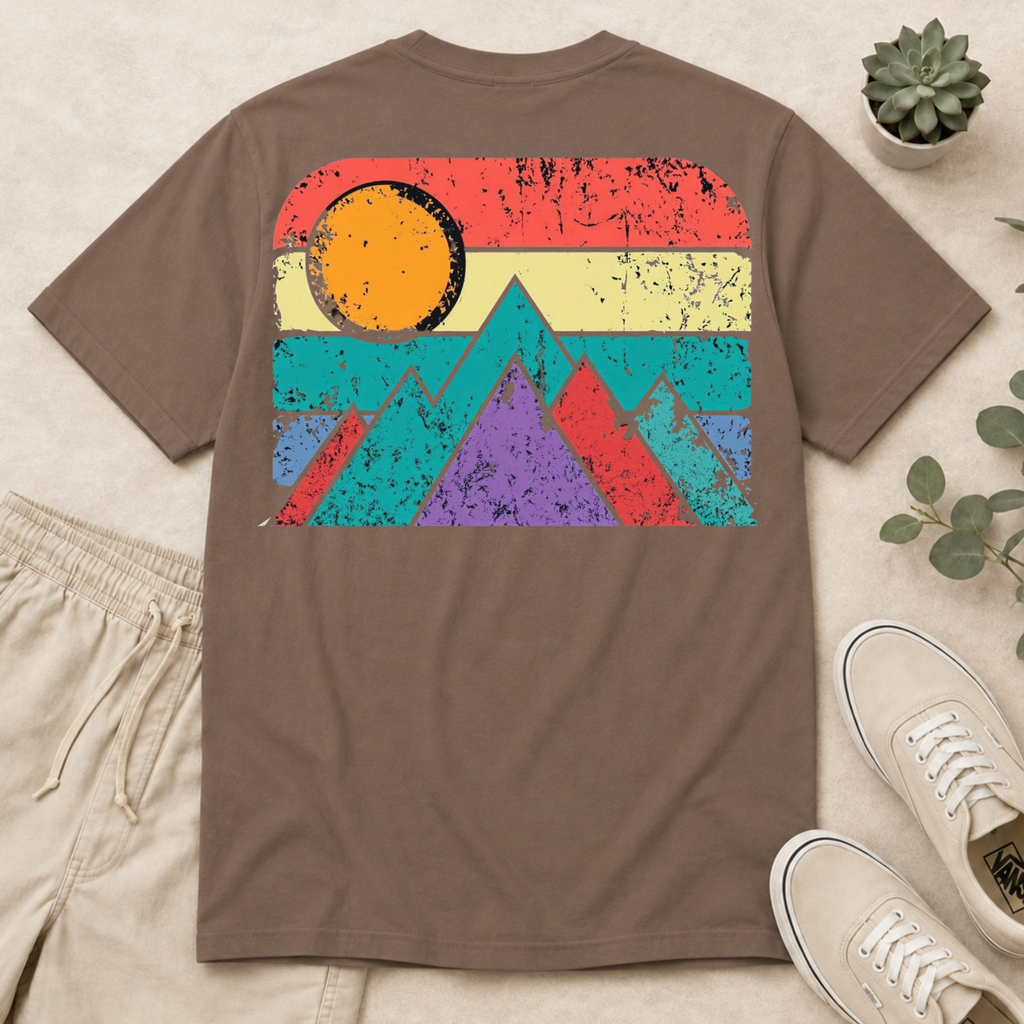 Retro Mountain T-Shirt — Vintage Sunset Outdoor Graphic Tee