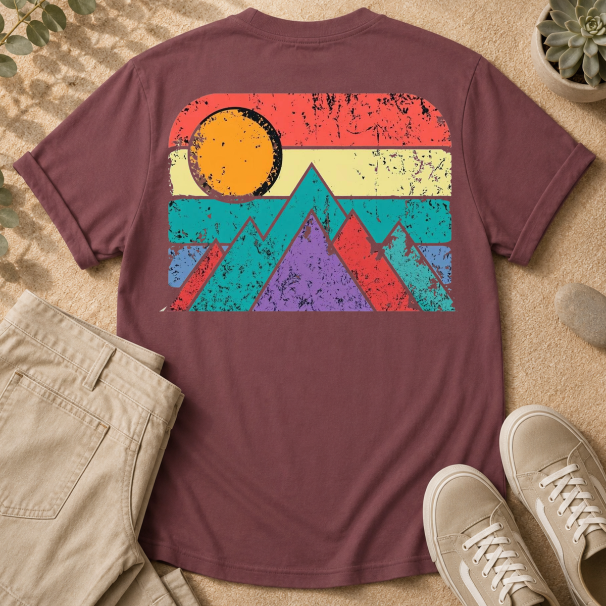 Retro Mountain T-Shirt — Vintage Sunset Outdoor Graphic Tee