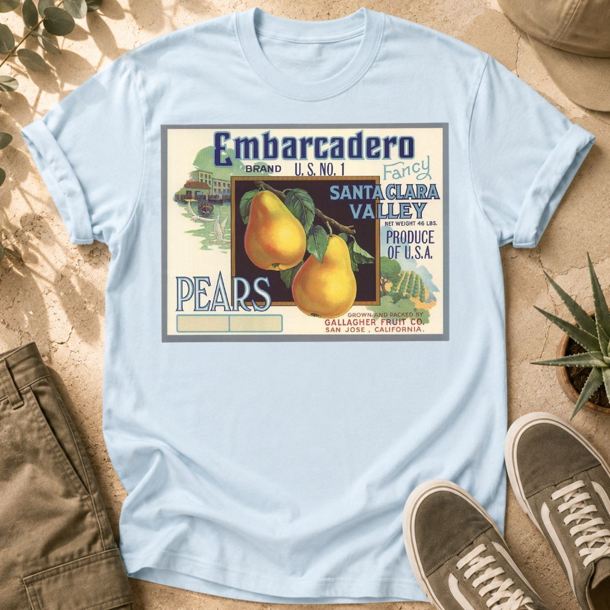 T-Shirt — Vintage Embarcadero Pears Fruit Crate Label Graphic