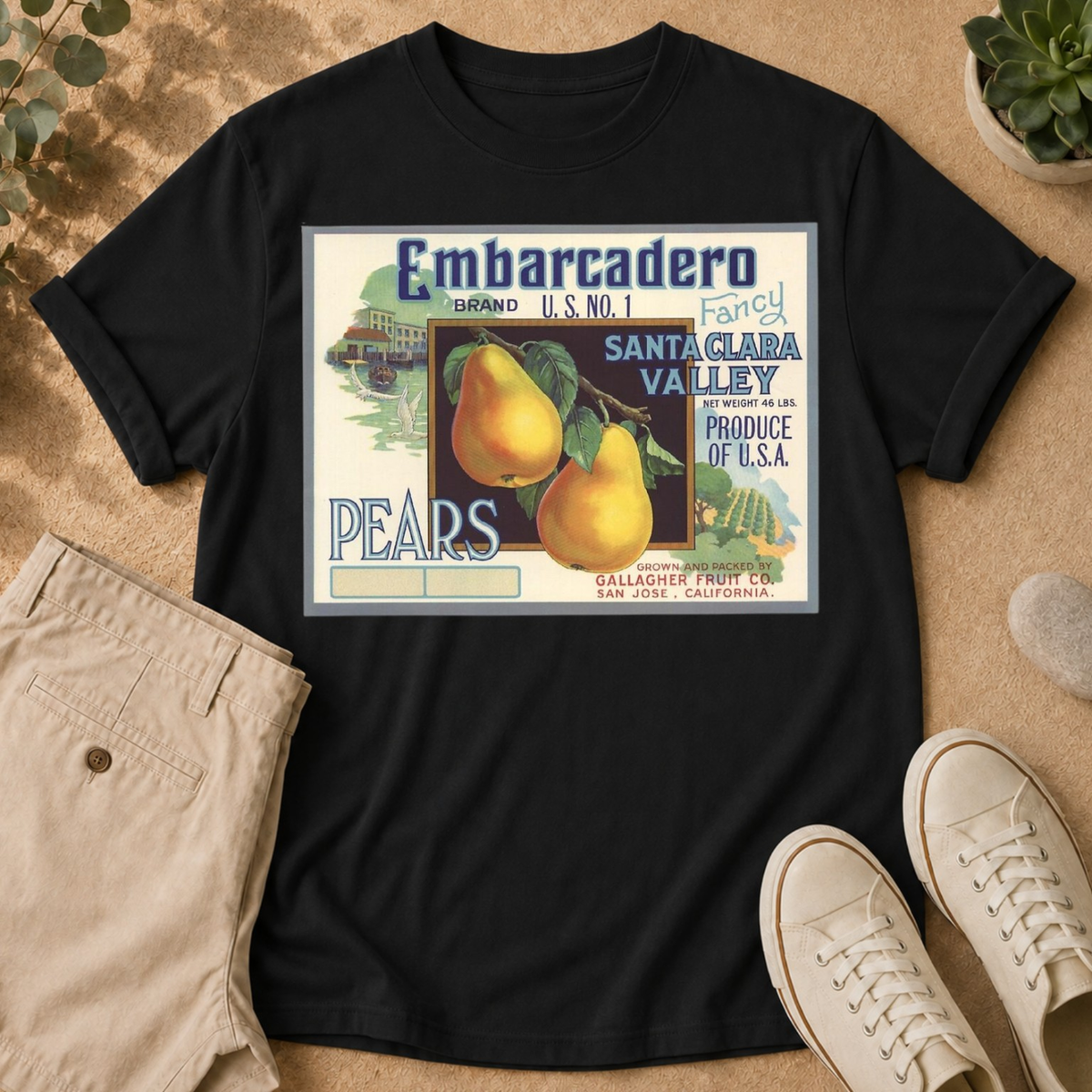T-Shirt — Vintage Embarcadero Pears Fruit Crate Label Graphic