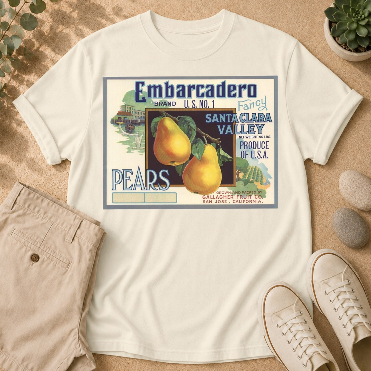 T-Shirt — Vintage Embarcadero Pears Fruit Crate Label Graphic