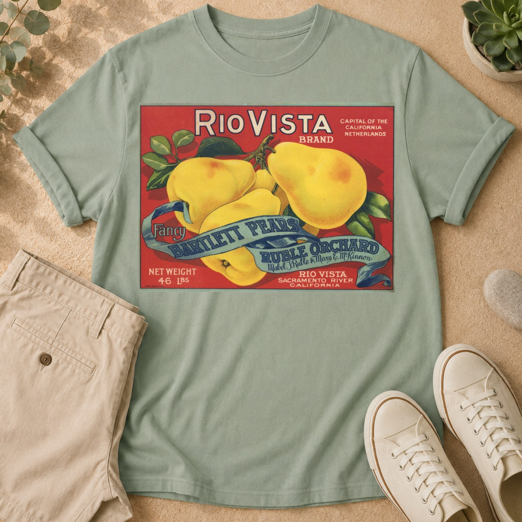 T-Shirt — Vintage Rio Vista Pears Fruit Crate Label Graphic Tee