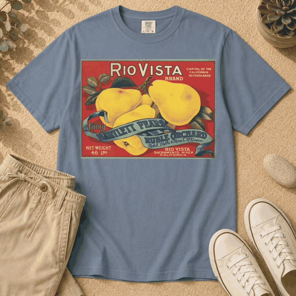 T-Shirt — Vintage Rio Vista Pears Fruit Crate Label Graphic Tee