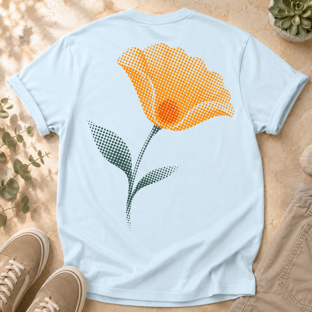 California Poppy Bloom T-Shirt — Vintage Halftone Floral Tee with Small Front Logo