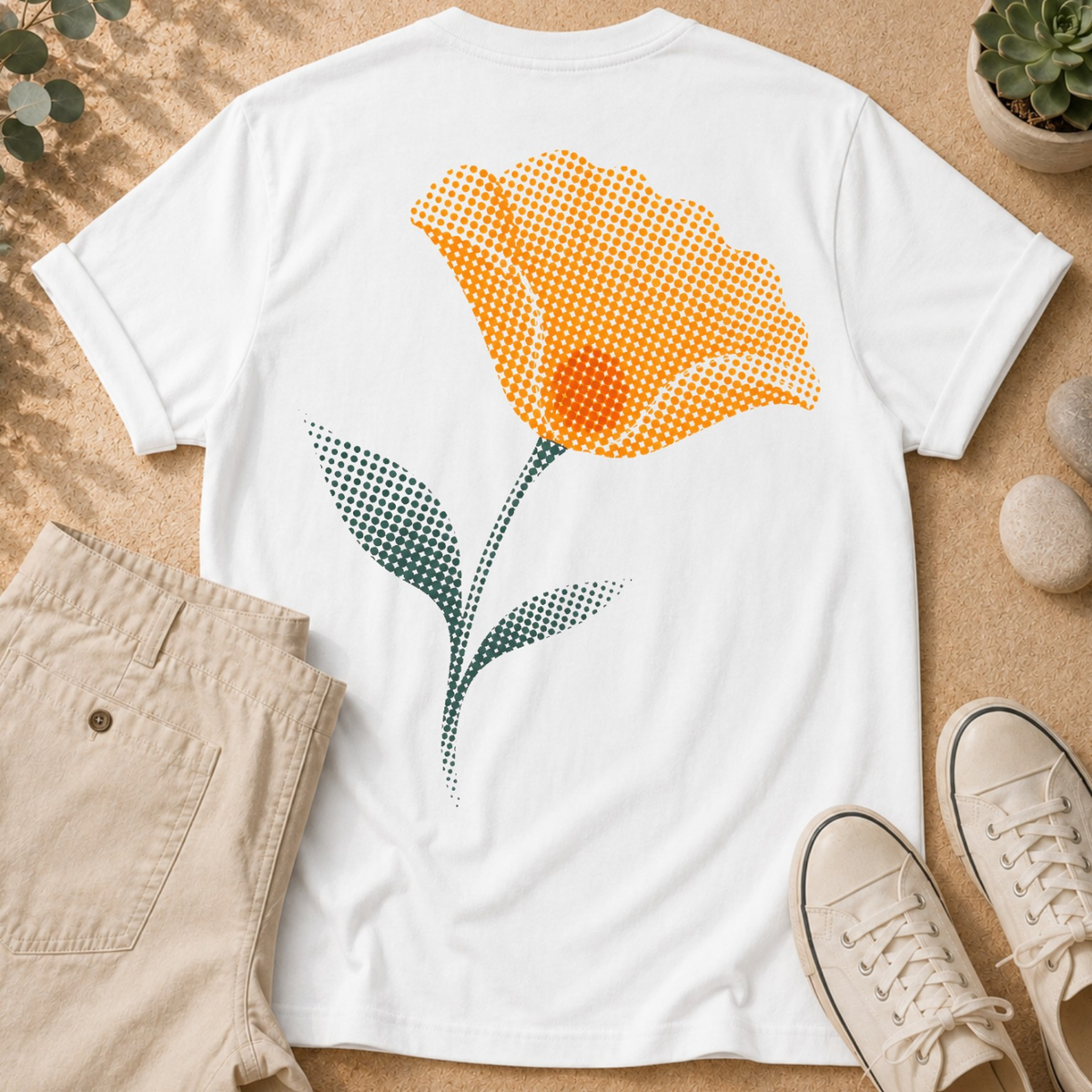 California Poppy Bloom T-Shirt — Vintage Halftone Floral Tee with Small Front Logo