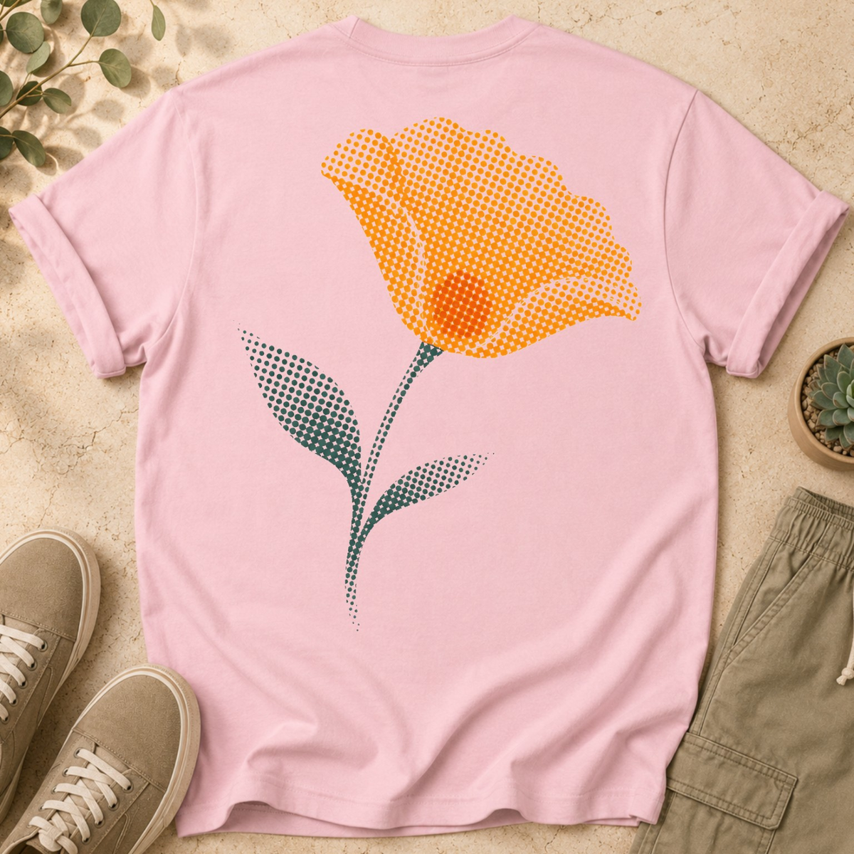 California Poppy Bloom T-Shirt — Vintage Halftone Floral Tee with Small Front Logo