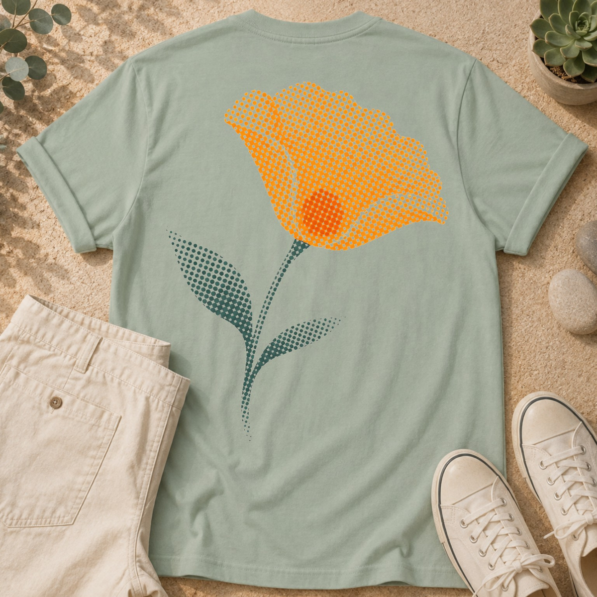 California Poppy Bloom T-Shirt — Vintage Halftone Floral Tee with Small Front Logo