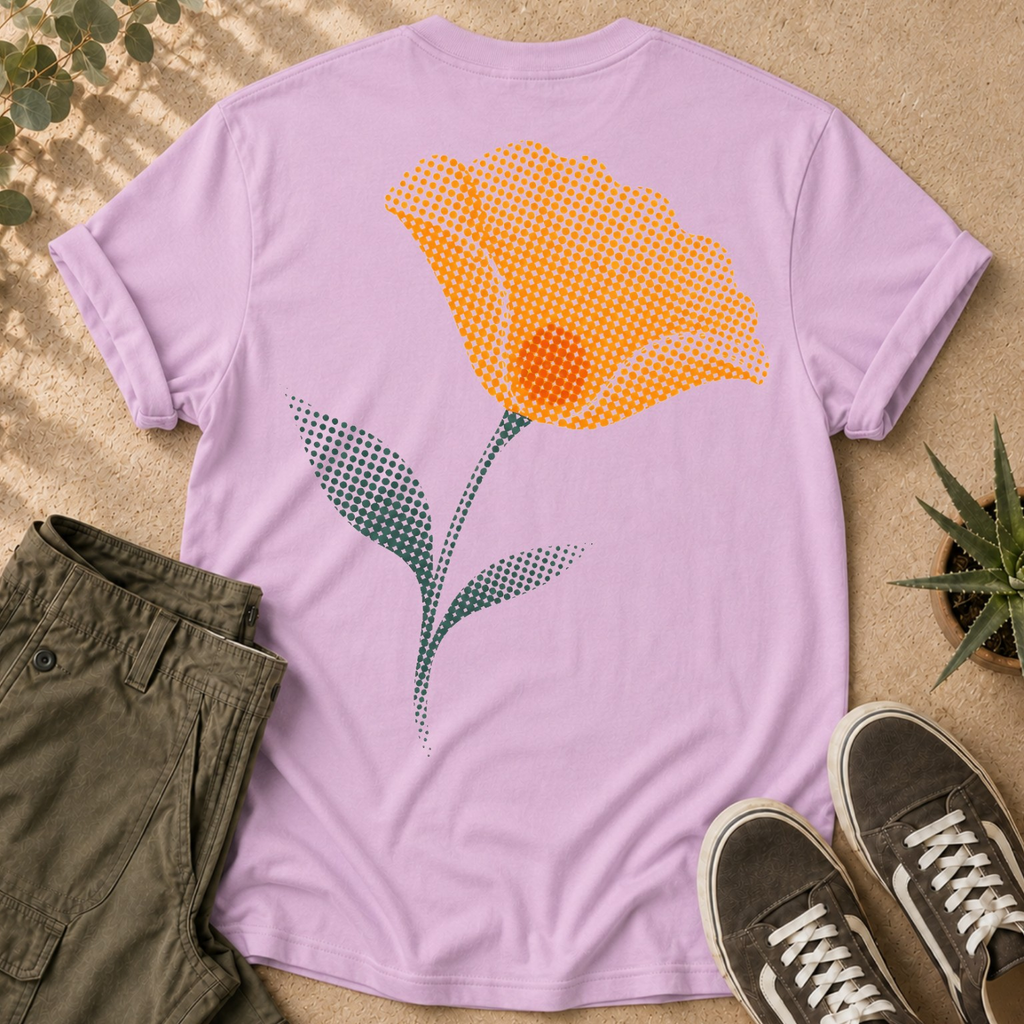 California Poppy Bloom T-Shirt — Vintage Halftone Floral Tee with Small Front Logo