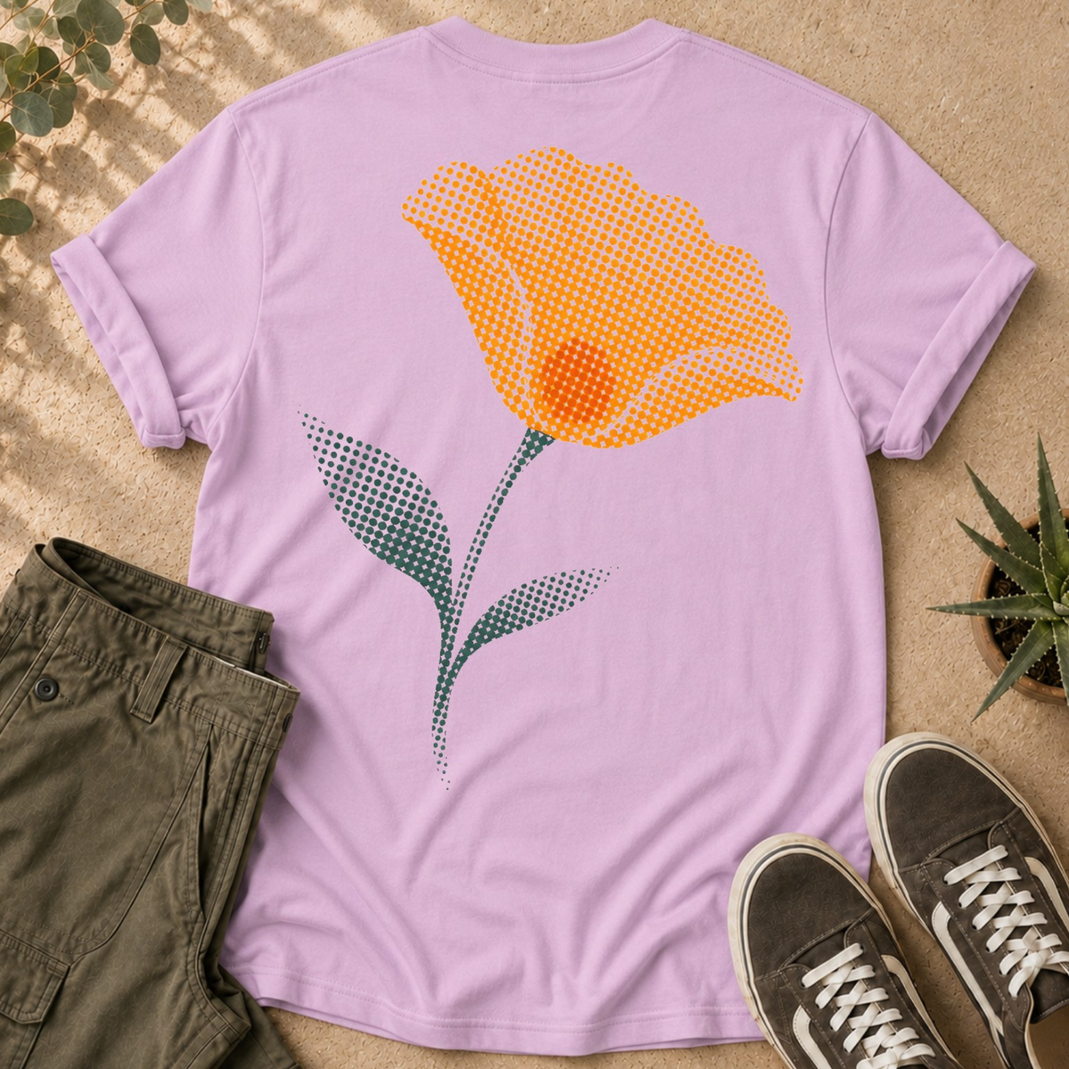 California Poppy Bloom T-Shirt — Vintage Halftone Floral Tee with Small Front Logo