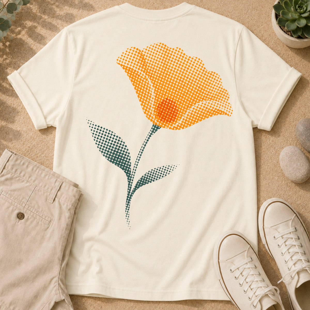 California Poppy Bloom T-Shirt — Vintage Halftone Floral Tee with Small Front Logo
