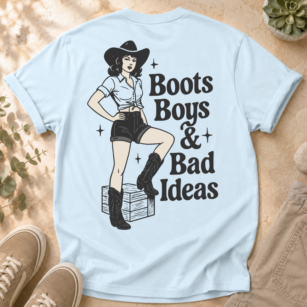 Boots Boys & Bad Ideas Graphic T-Shirt — Retro Cowgirl Tee