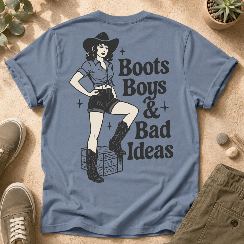 Boots Boys & Bad Ideas Graphic T-Shirt — Retro Cowgirl Tee