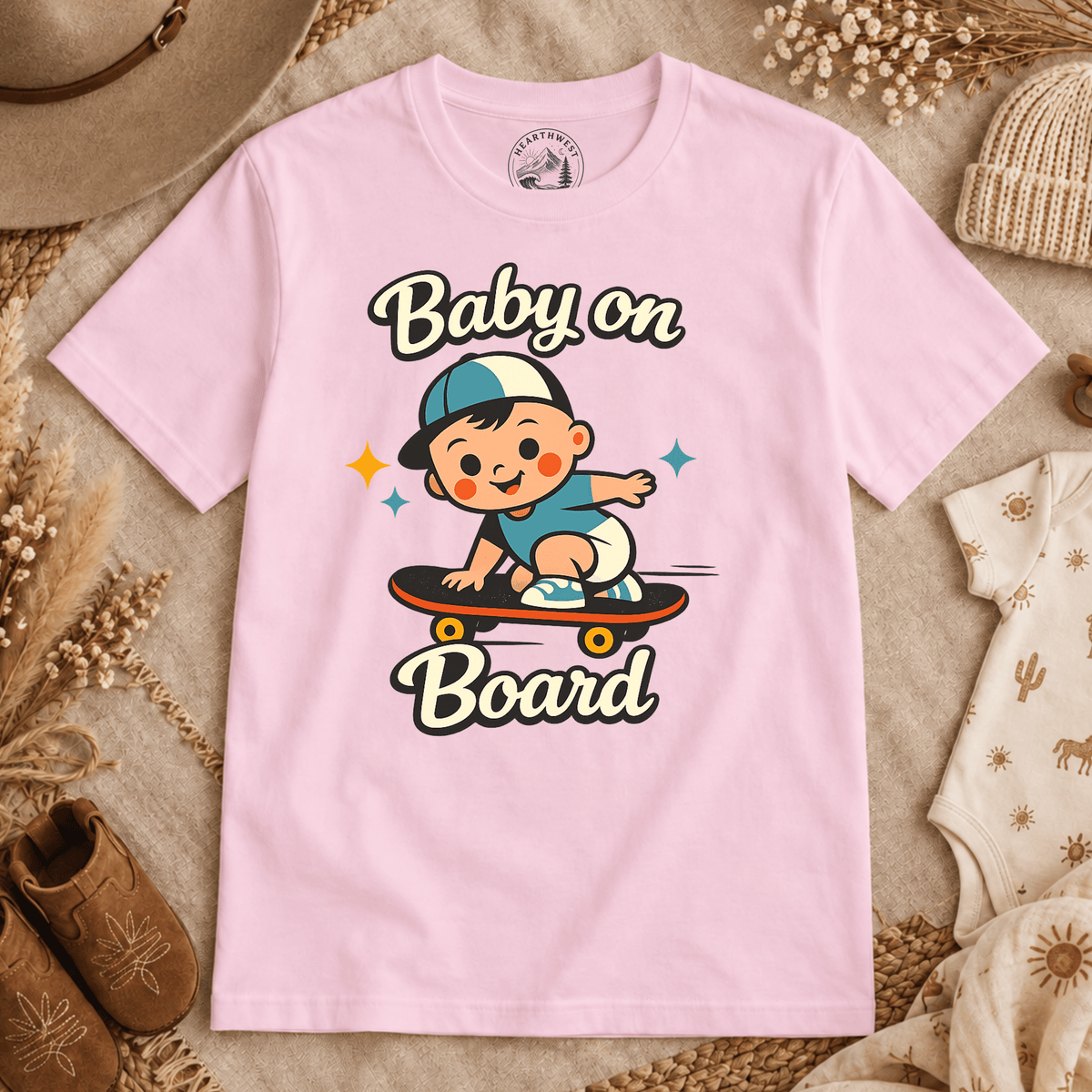 T-Shirt — "Baby on Board" Cute Skateboarding Baby Graphic Tee