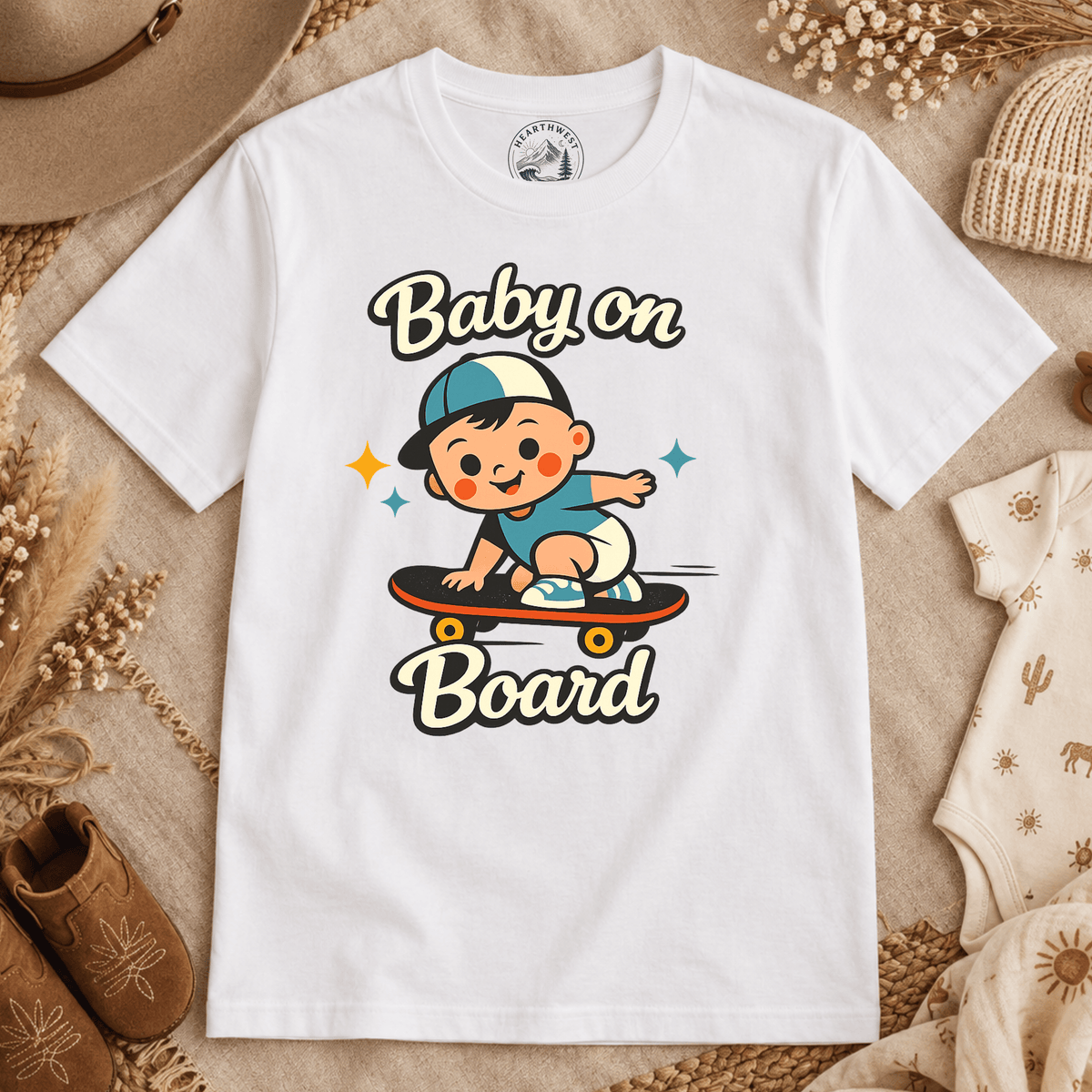 T-Shirt — "Baby on Board" Cute Skateboarding Baby Graphic Tee