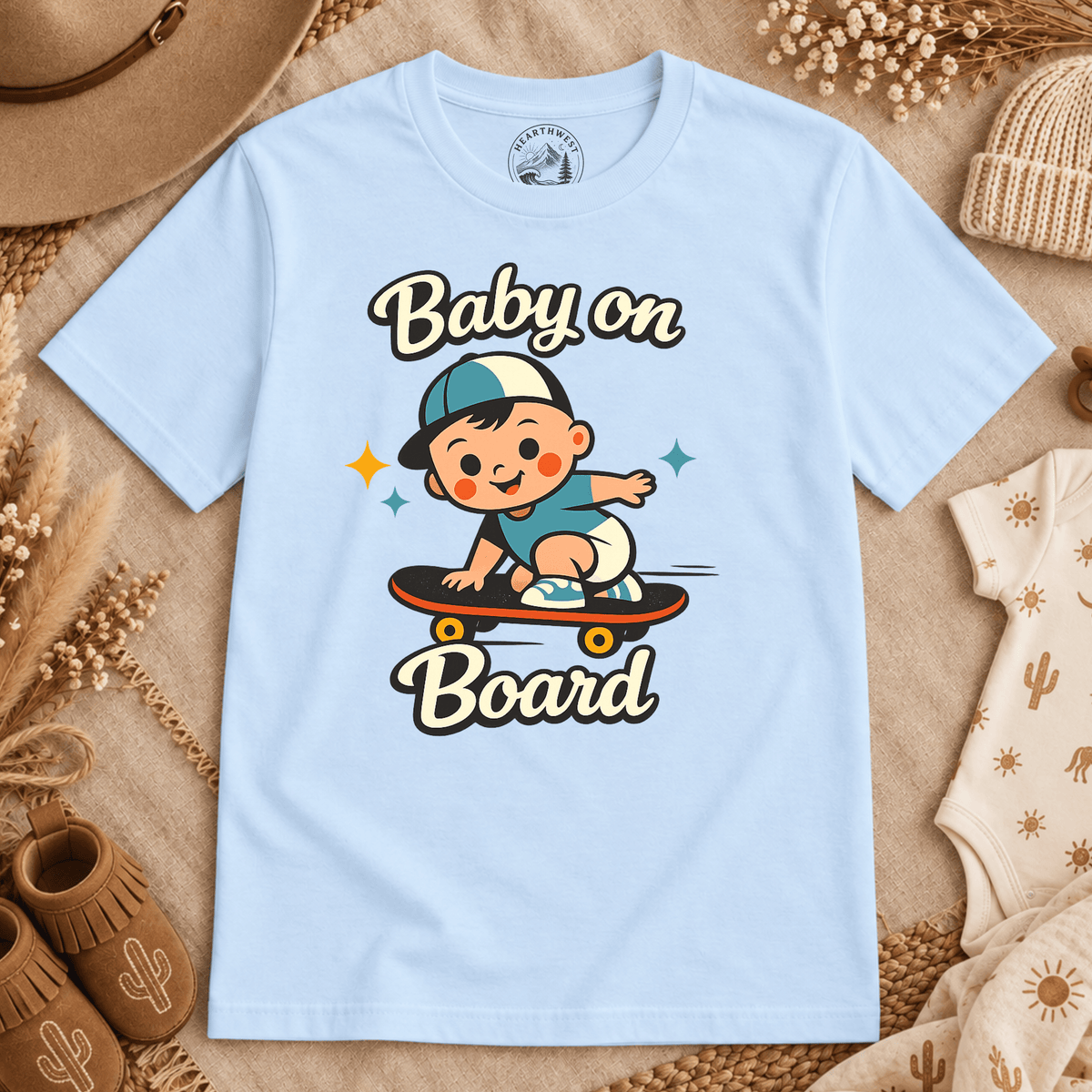 T-Shirt — "Baby on Board" Cute Skateboarding Baby Graphic Tee