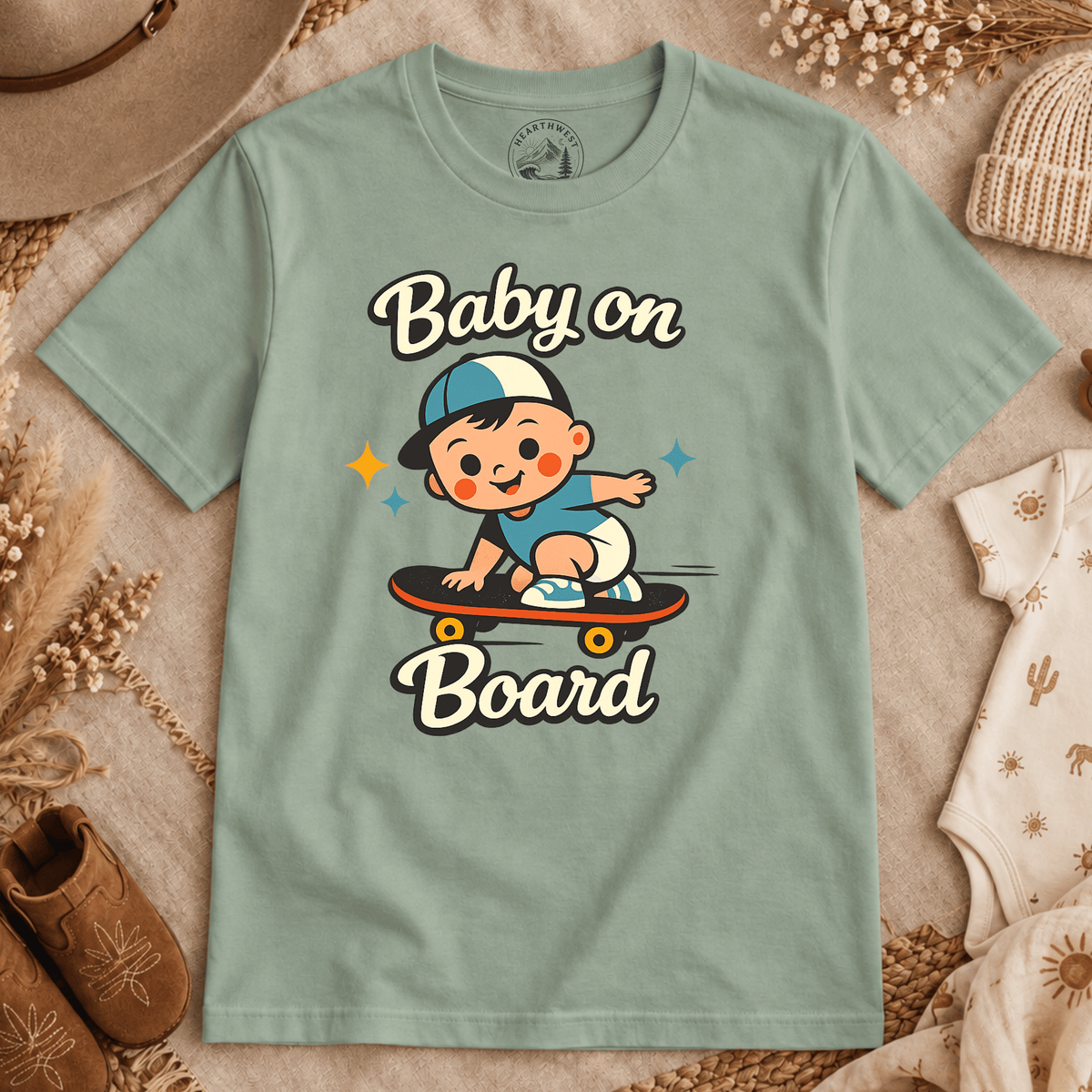 T-Shirt — "Baby on Board" Cute Skateboarding Baby Graphic Tee