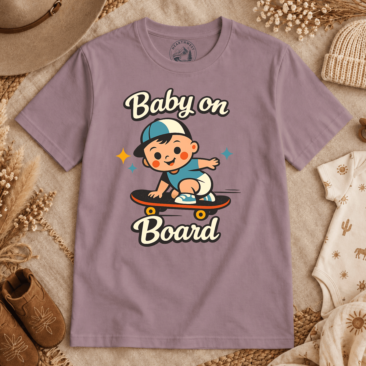 T-Shirt — "Baby on Board" Cute Skateboarding Baby Graphic Tee