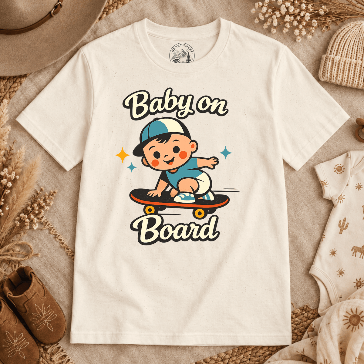 T-Shirt — "Baby on Board" Cute Skateboarding Baby Graphic Tee