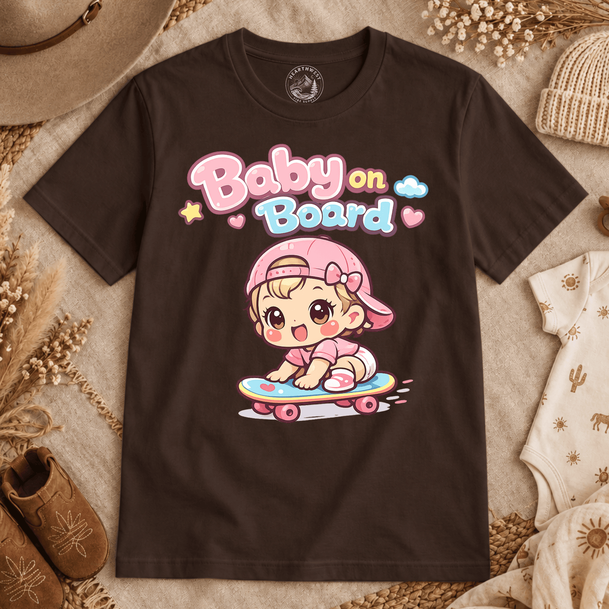 Baby on Board T‑Shirt — Cute Kawaii Baby Skateboard Graphic Tee