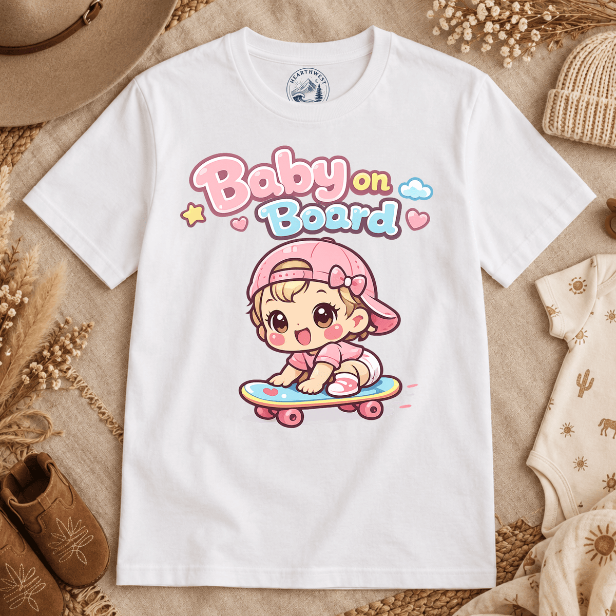 Baby on Board T‑Shirt — Cute Kawaii Baby Skateboard Graphic Tee