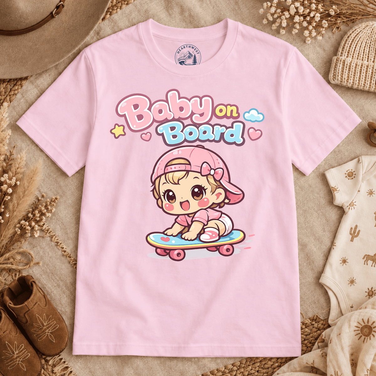 Baby on Board T‑Shirt — Cute Kawaii Baby Skateboard Graphic Tee