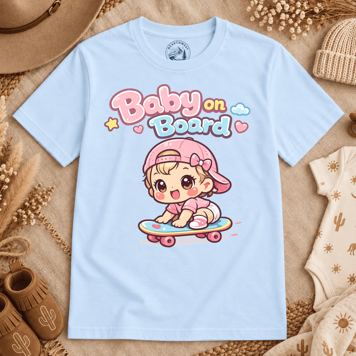 Baby on Board T‑Shirt — Cute Kawaii Baby Skateboard Graphic Tee