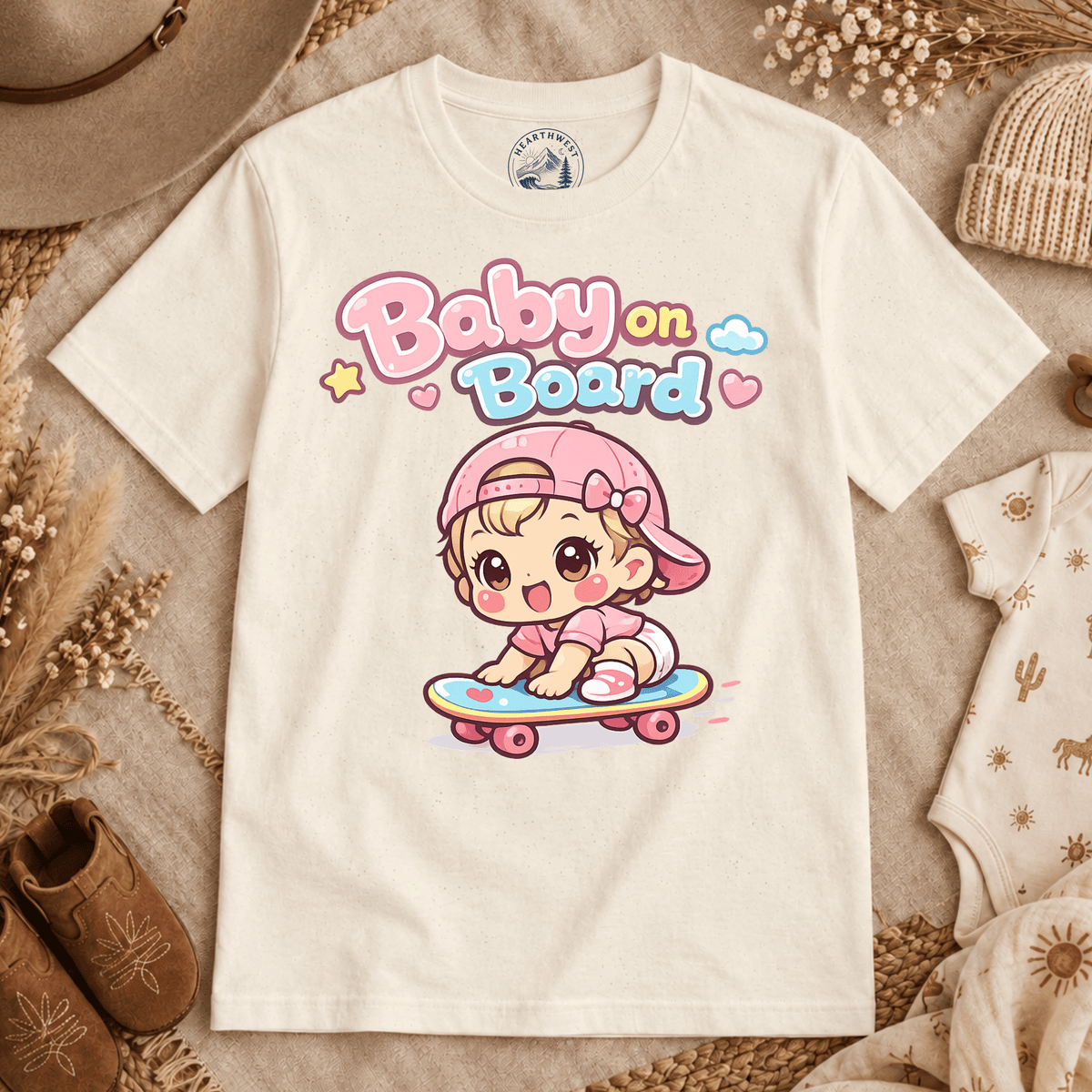 Baby on Board T‑Shirt — Cute Kawaii Baby Skateboard Graphic Tee