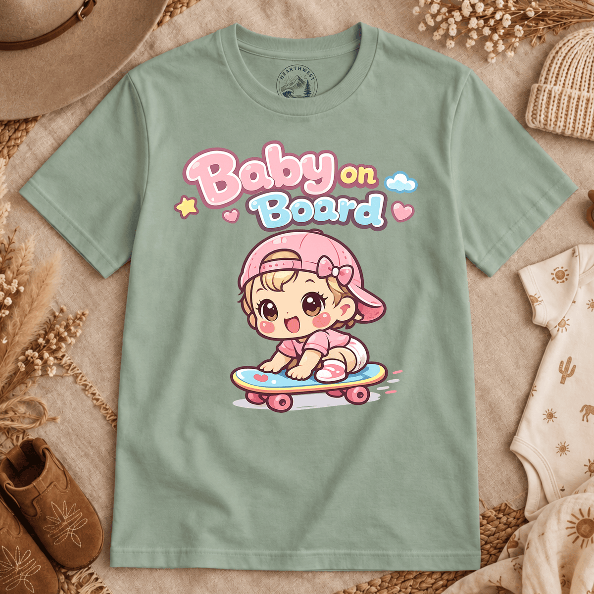 Baby on Board T‑Shirt — Cute Kawaii Baby Skateboard Graphic Tee
