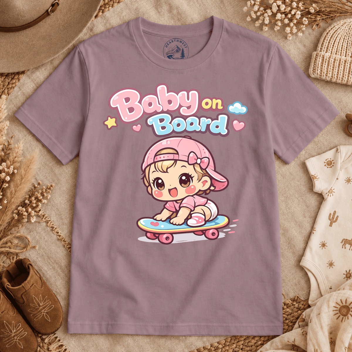 Baby on Board T‑Shirt — Cute Kawaii Baby Skateboard Graphic Tee